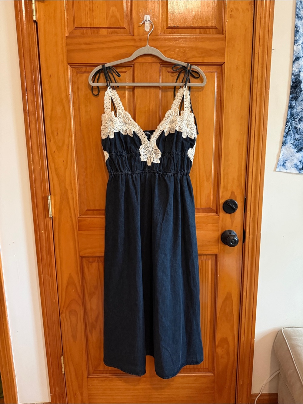 En Saison Natalia Crochet Trim Tie Shoulder Midi Dress Vintage Indigo Size Small - Picture 6 of 16